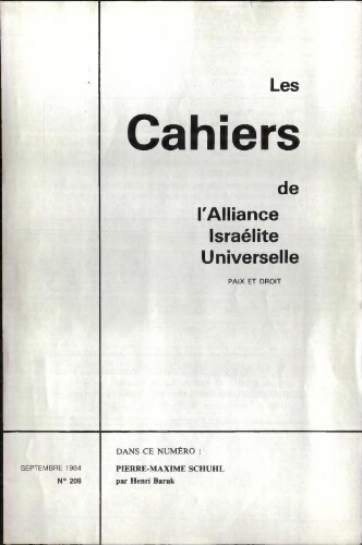 Les Cahiers de l'Alliance Israélite Universelle (Paix et Droit).  N°209 (01 sept. 1984)